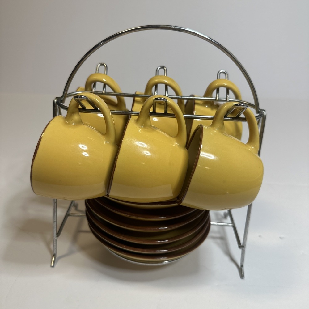 Imusa Espresso Demitasse Cups & Saucers Mustard Yellow With Caddy Set Of 6